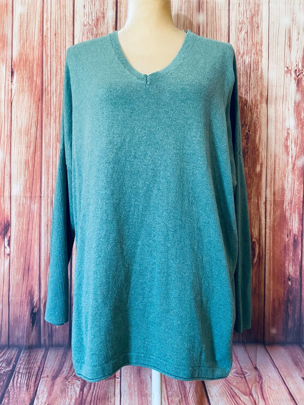 Women’s XL Tall Sweater J Jill Green 3/4 Sleeves V Neck Silk Wool Blend Knit